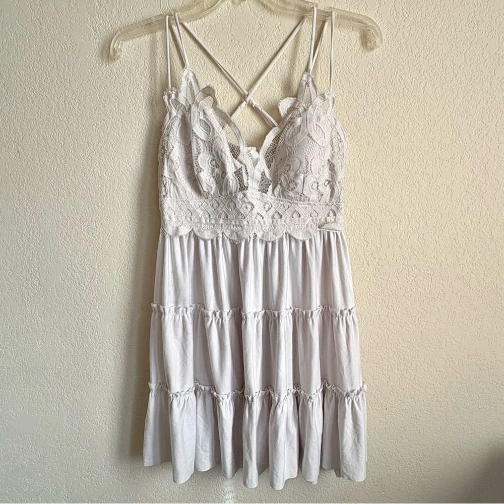Zenana Ivory Lace Cami/Tunic Babydoll Top with Deep V Neckline, Ruffles, Sz. XL